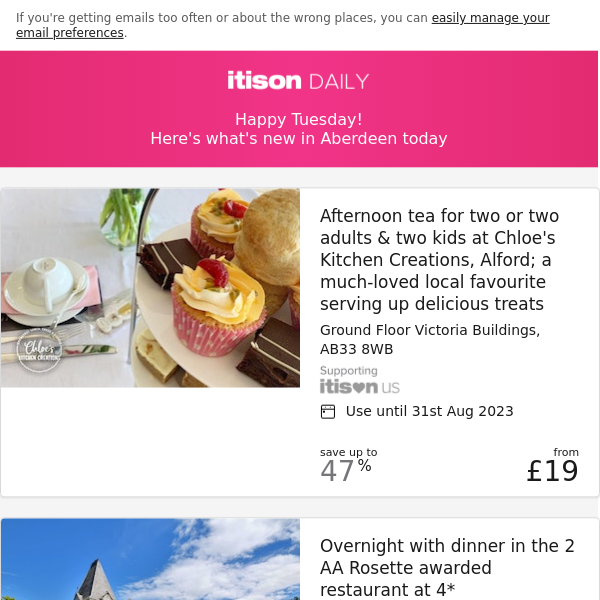 Chloe's Kitchen Creations afternoon tea; 4* Knockendarroch Hotel & Restaurant, Pitlochry; The Esslemont tapas dining & drinks; 4* Ardoe House Hotel stay, and 9 other deals