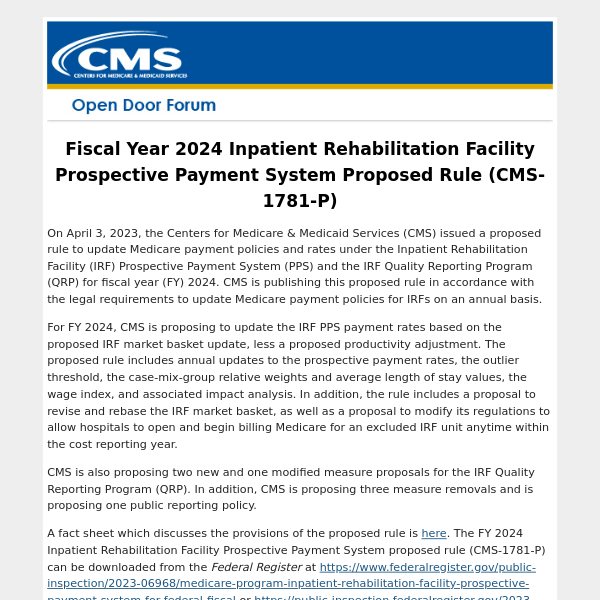 Fiscal Year 2024 Inpatient Rehabilitation Facility Prospective Payment
