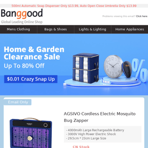 Home & Garden Clearance [$0.01 Snap Up], 4000mAh Electric Mosquito Bug Zapper $19.99