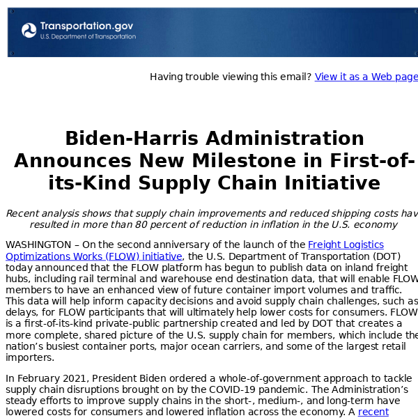 Biden-Harris Administration Announces New Milestone in First-of-its-Kind Supply Chain Initiative