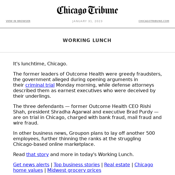 Working Lunch: Outcome Health trial begins | Groupon lays off 500 workers | McDonald's sales rise in Q4