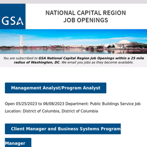 New/Current Job Opportunities in the GSA National Capital Region