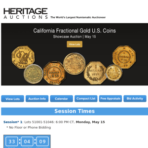 Bidding Now Open: May 15 California Fractional Gold US Coins Auction