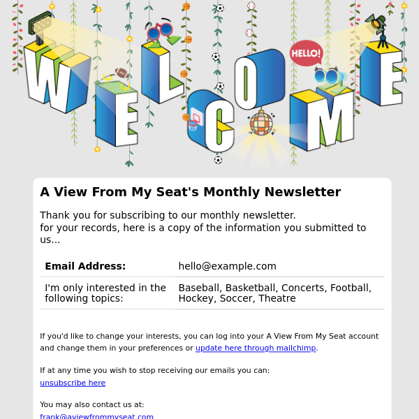 A View From My Seat Newsletter: Subscription Confirmed