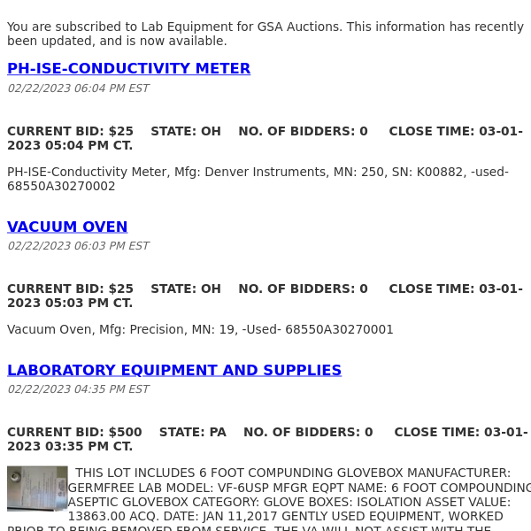 GSA Auctions Lab Equipment Update