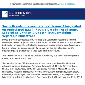 Sovos Brands Intermediate, Inc. Issues Allergy Alert on Undeclared Egg in  Rao's Slow Simmered Soup, Labeled as Chicken & Gnocchi but Containing  Vegetable Minestrone