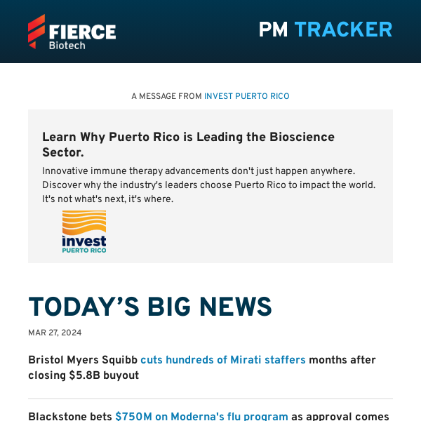 | 03.27.24 | BMS takes ax to Mirati after $5.8B buyout; Blackstone bets $750M on Moderna flu shot; #FierceMadness marches on