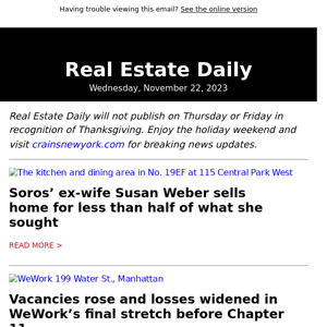 Soros ex's discounted home sale | Rising WeWork vacancies | Hudson Yards' newest tenant