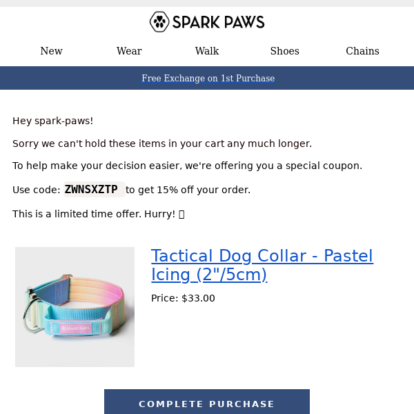 🐾 Spark Paws: Grab Your 15% Discount Before Your Cart Expires! 🐾