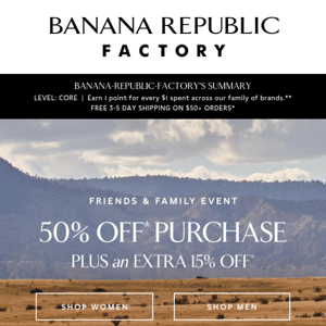 Semi-annual savings are here, Banana Republic Factory. Shop 50% off purchase + extra 15%.