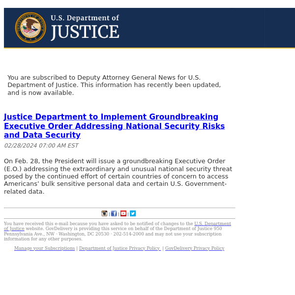 U.S. Department of Justice Deputy Attorney General News Update