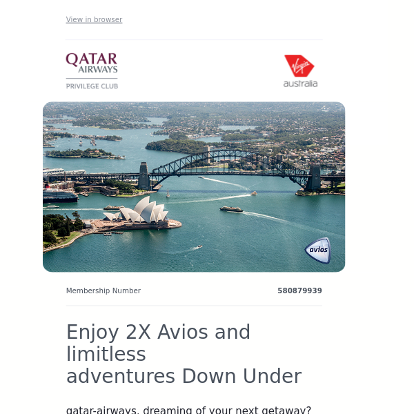 Qatar Airways , earn 2X Avios on flights with Virgin Australia