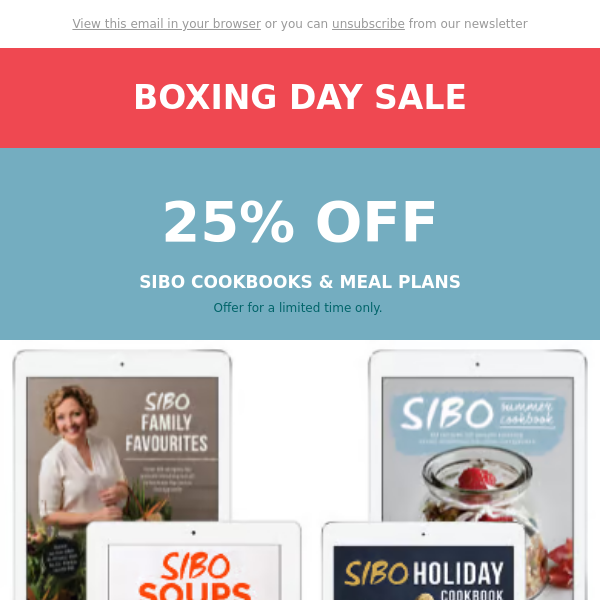 Save 25% on SIBO cookbooks & meal plans