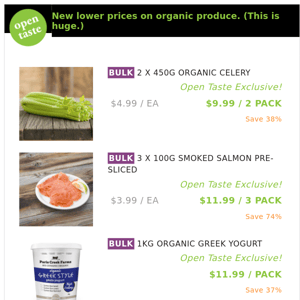 2 X 450G ORGANIC CELERY ($9.99 / 2 PACK), 3 X 100G SMOKED SALMON PRE-SLICED and many more!
