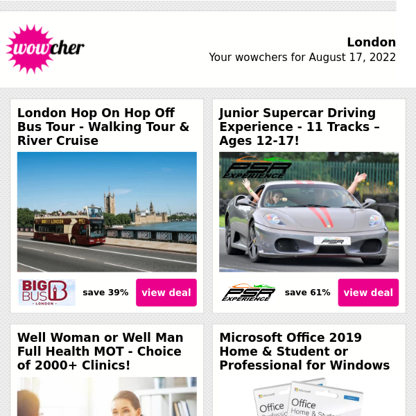 London Hop On Hop Off Bus Tour £19 | Junior Sports Car Driving Experience £19 | Well Man or Woman Health MOT £79 | Microsoft Office Home & Student 2019 £24.99  | Win A Luxury New York NYE Holiday!