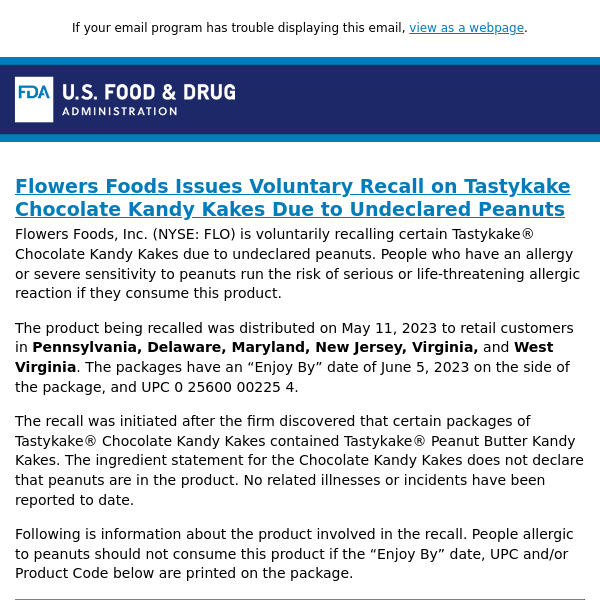Flowers Foods Issues Voluntary Recall on Tastykake Chocolate Kandy Kakes Due to Undeclared Peanuts