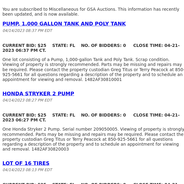 GSA Auctions Miscellaneous Update