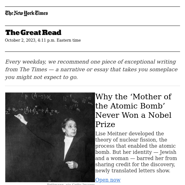 The Great Read: Why the ‘Mother of the Atomic Bomb’ Never Won a Nobel Prize