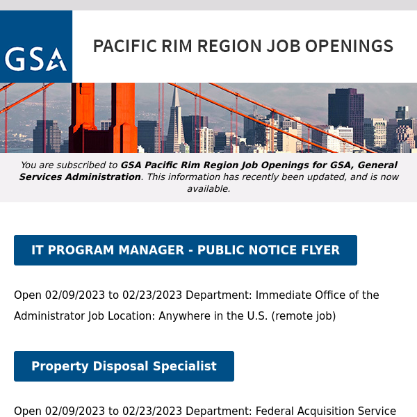 New/Current Job Opportunities in the GSA Pacific Rim Region