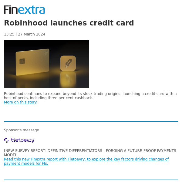 Finextra News Flash: Robinhood launches credit card