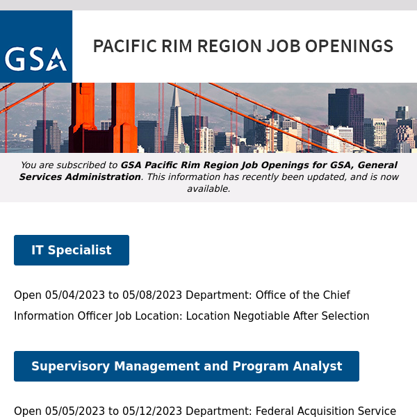 New/Current Job Opportunities in the GSA Pacific Rim Region