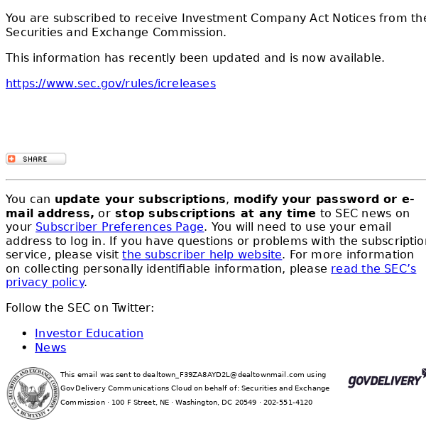 Securities and Exchange Commission - Investment Company Act Notices Update