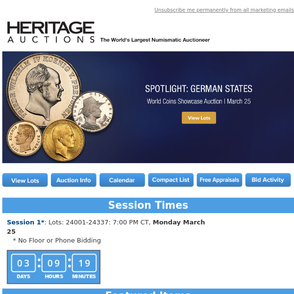 Ending Soon: March 25 Spotlight: German States Showcase Auction