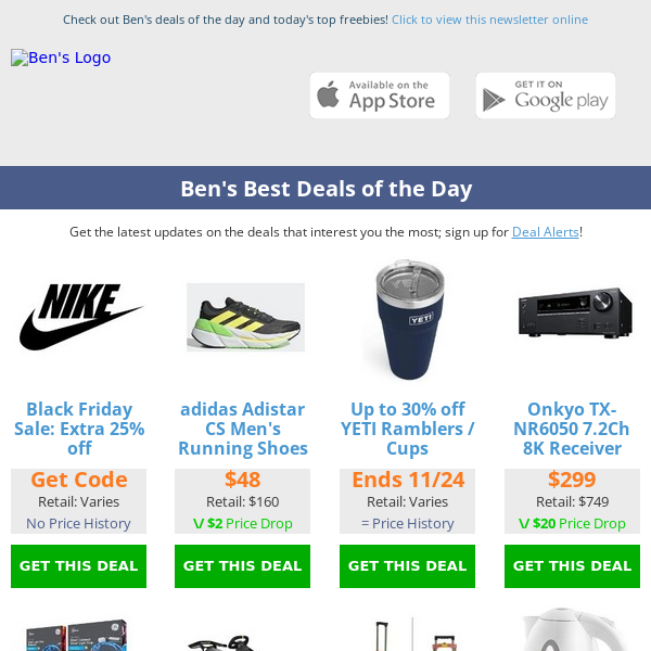 Ben's Best Deals: Amazon Gift Card Giveaway - $299 Onkyo Receiver - $48 Adidas Sneakers - $30 Hand Truck