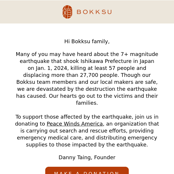 Support those impacted by the earthquake in Ishikawa prefecture