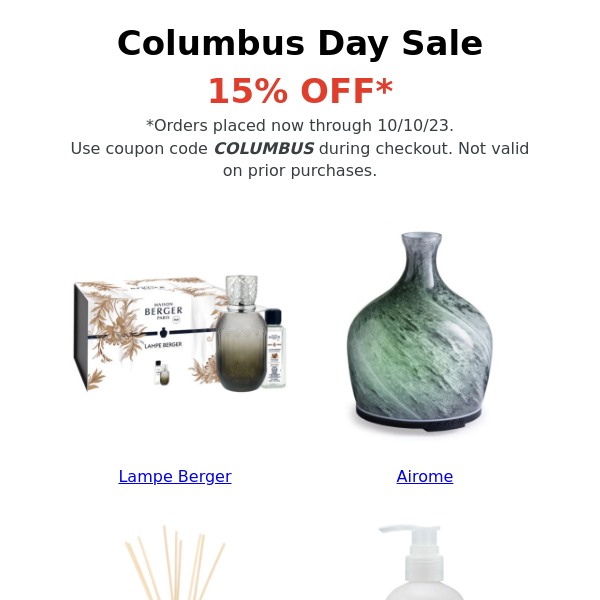 Columbus Day Sale - 15% Off