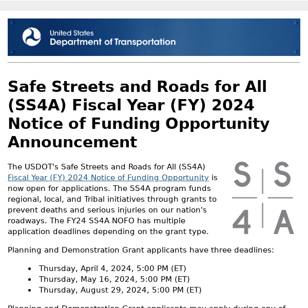 USDOT Safe Streets and Roads for All (SS4A) FY 2024 Grant Round Now Open