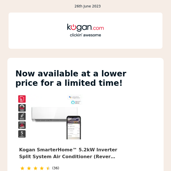 PRICE DROP: Kogan SmarterHome™ 5.2kW Inverter Split System Air Conditioner (Reverse Cycle)