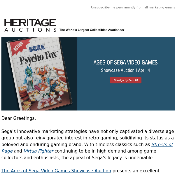 Consign to the April 4 Ages of Sega Video Games Auction