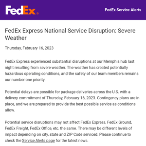 FedEx Express National Service Disruption: Severe Weather