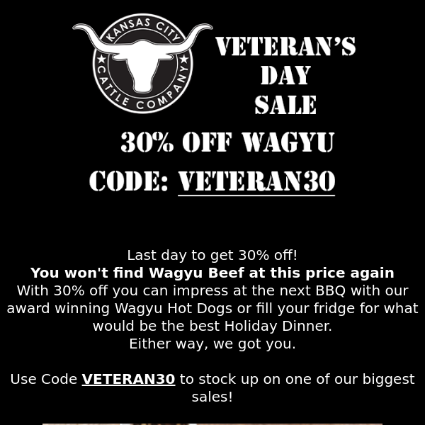 30% Off Wagyu Beef For Veteran's Day
