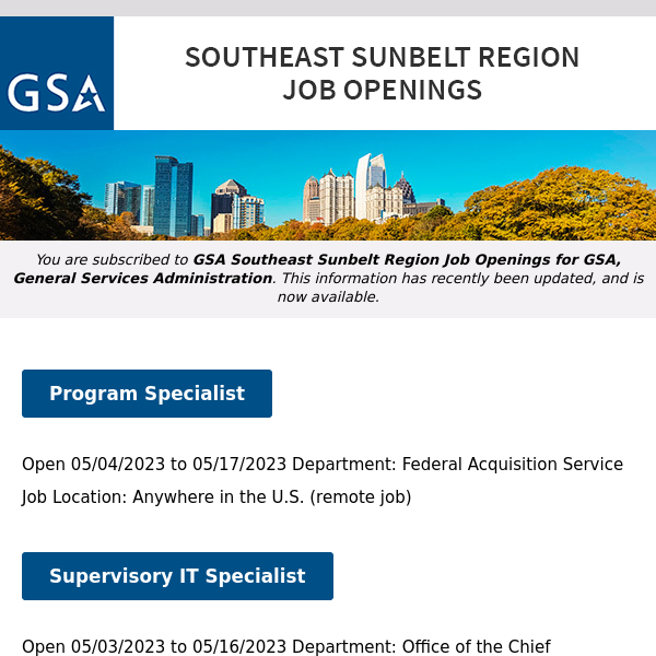 New/Current Job Opportunities in the GSA Southeast Sunbelt Region