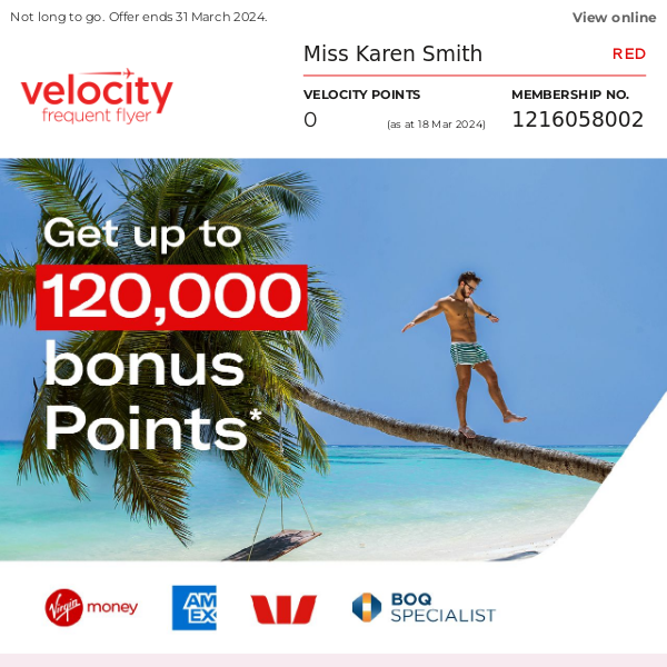 Virgin Australia, final days to get up to 120,000 bonus Points*
