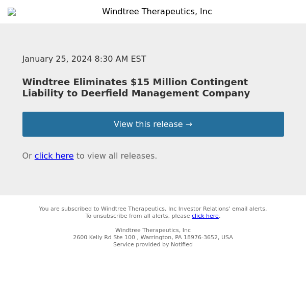 Windtree Eliminates $15 Million Contingent Liability to Deerfield Management Company