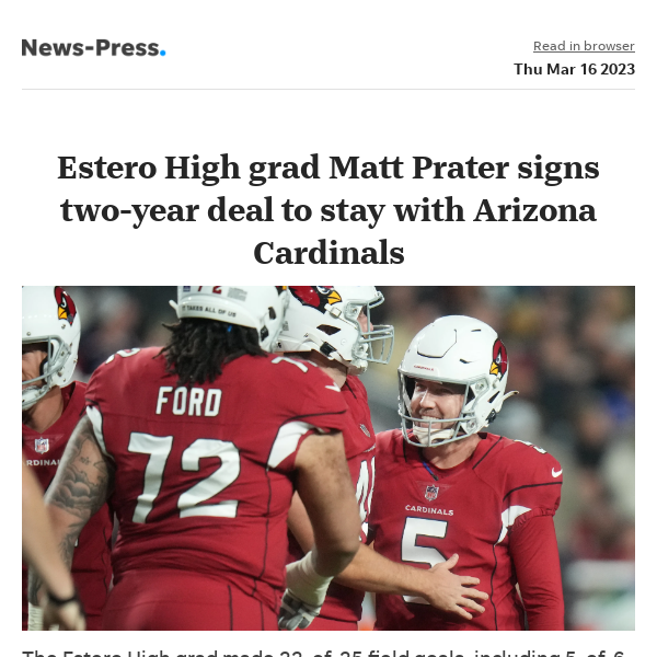 News alert: Estero High grad Matt Prater signs two-year deal to stay with Arizona Cardinals