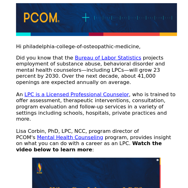 Philadelphia College of Osteopathic Medicine, what can you do as a Licensed Professional Counselor (LPC)?