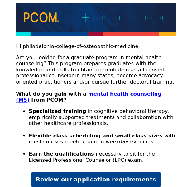 Become a mental health counselor with PCOM, Philadelphia College of Osteopathic Medicine
