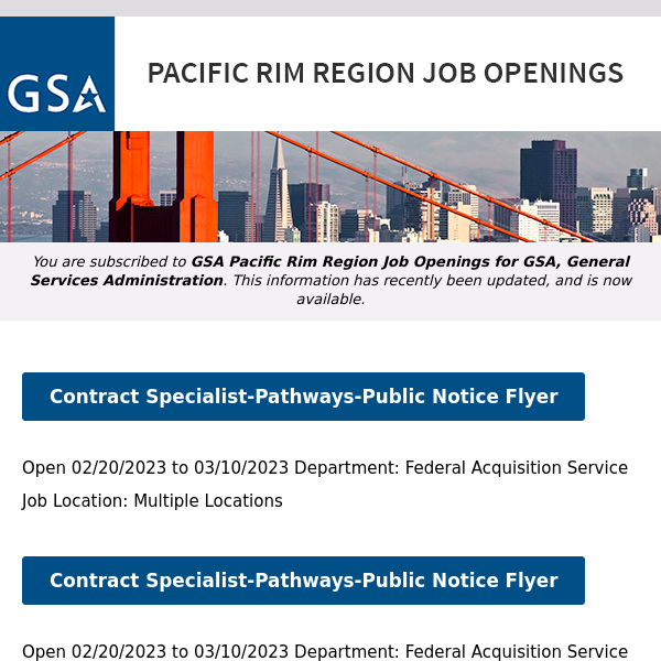 New/Current Job Opportunities in the GSA Pacific Rim Region