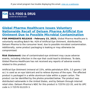 Global Pharma Healthcare Issues Voluntary Nationwide Recall of Delsam Pharma Artificial Eye Ointment Due to Possible Microbial Contamination