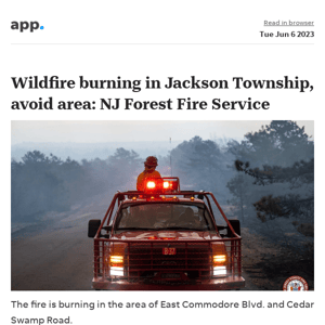 News alert: Wildfire burning in Jackson Township, avoid area: NJ Forest Fire Service