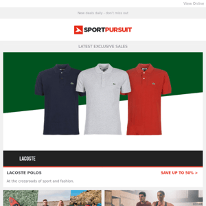 Up to 65% Off: Lacoste Polos | Watersports | CEP Compression | Kimberfeel | Running Footwear