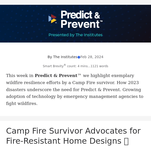 Predict & Prevent™: A Model of Fire-Resistant Design; Risk Management Urgency; and More