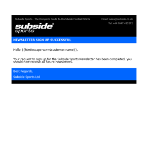 Subside Sports: Newsletter Sign Up Success