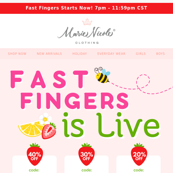 Fast Fingers Sale is now on! 🏃‍♀️Hurry! Codes go fast!