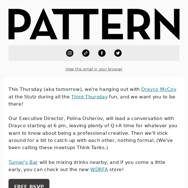 You're invited: Meetup tomorrow with Drayco McCoy and the PATTERN team