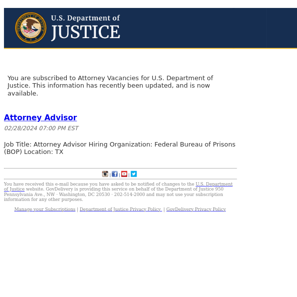 U.S. Department of Justice Attorney Vacancies Update